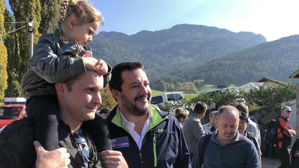 Italy's Interior Minister Matteo Salvini (C) in South Tyrol