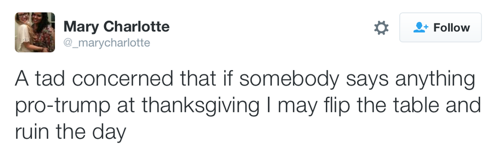 Tweet: A tad concerned that if somebody says anything pr-trump at thanksgiving I may flip the table and ruin the day