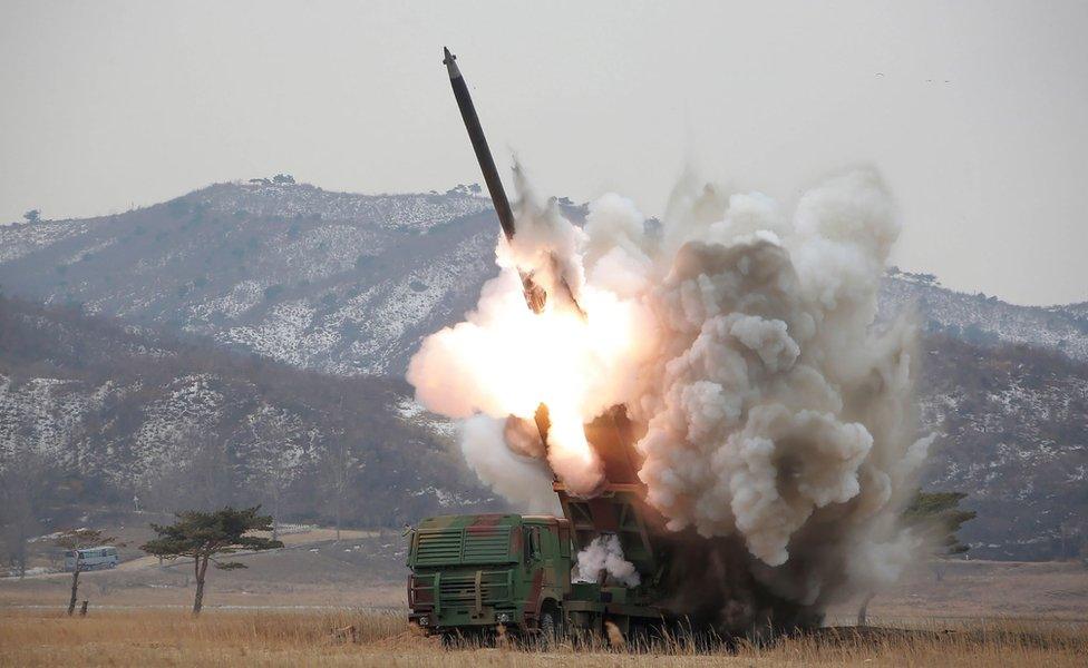 Picture released by North Korea's official Korean Central News Agency on 4 March 2016 showing a test-fire of a new large-calibre missile at an undisclosed location