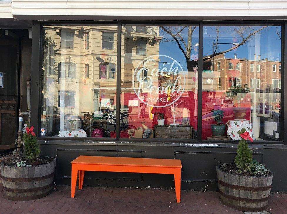 Orange Bench outside of Each Peach Market