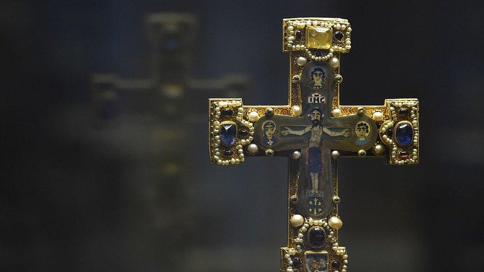 A detail of a Guelph crucifix of the so-called "Welfenschatz" (Guelph Treasure) is pictured at the Museum of Decorative Arts in Berlin