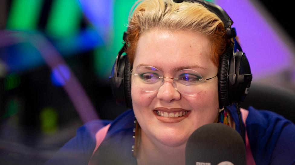 Jayde Adams in the BBC Radio 1 studio in 2020