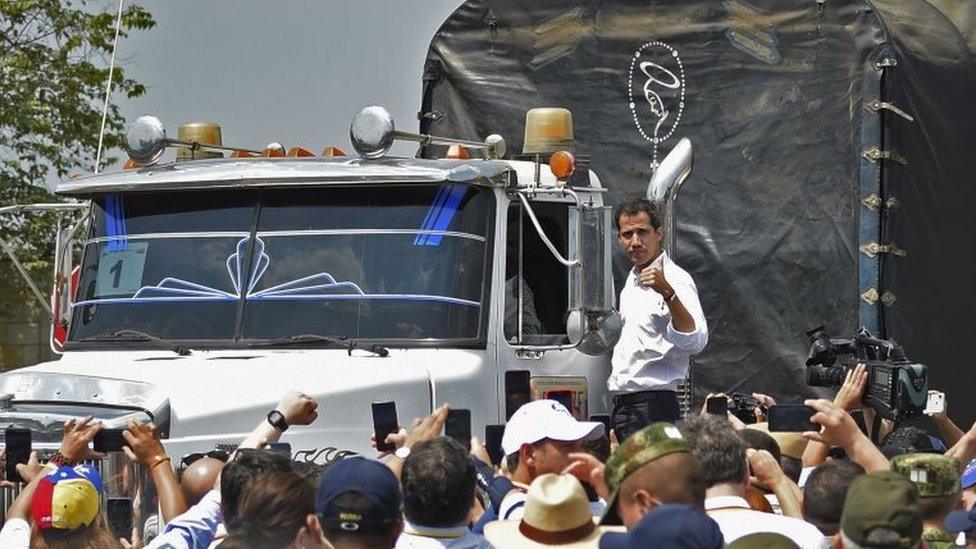 Juan Guaidó on a lorry carrying aid at the Colombia-Venezuela border on 23 February