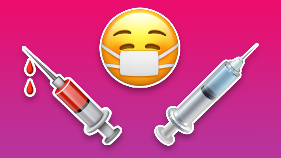 A composite illustration shows left, a bloody syringe, centre, a masked smiling emoticon, and right, a new non-blood-filled syringe, against a red gradient background