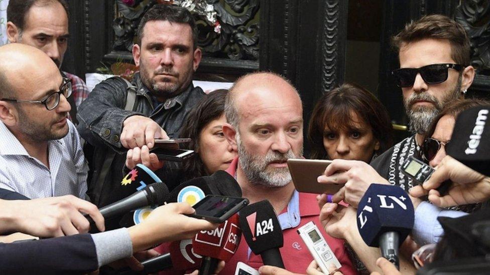 Sergio Maldonado (C) brother of Santiago Maldonado talks to the media to confirm the identity of the corpse found in a river in southern Argentina is that of Santiago