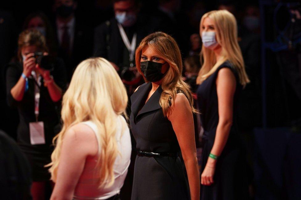 US First Lady Melania Trump, flanked by daughters to the US President Ivanka Trump (right) and Tiffany Trump (left)