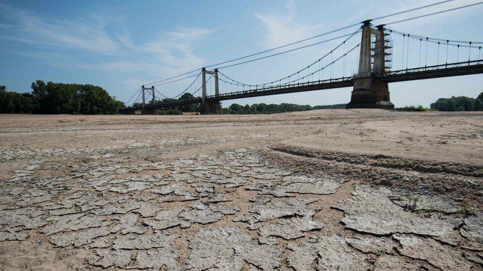 A dried part of the bed of the River Loire at Montjean-sur-Loire, western France