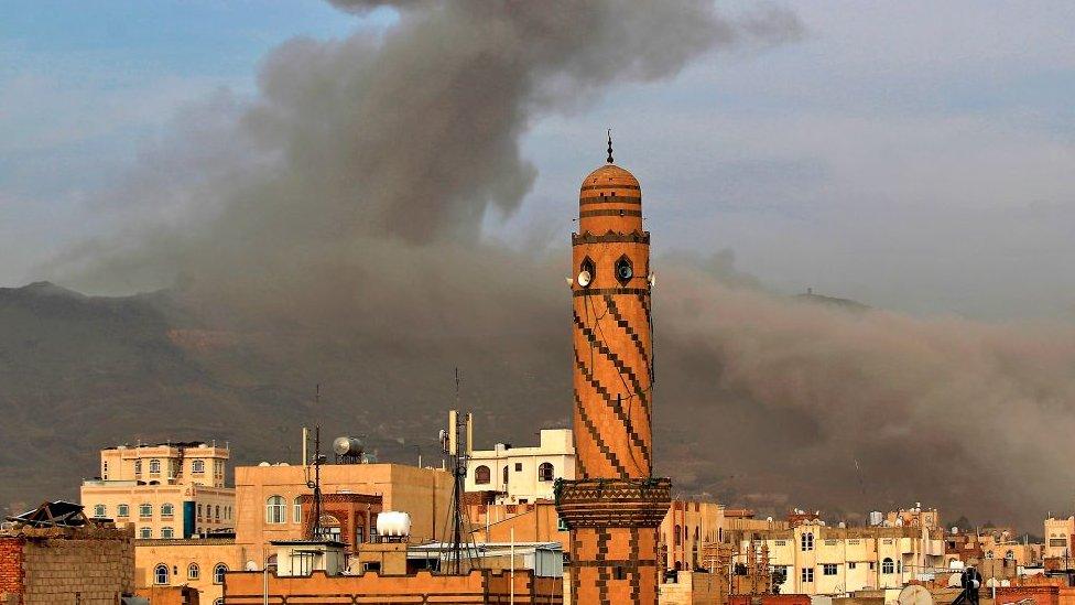 Smoke billows following an airstrike by Saudi-led coalition in the Yemeni capital Sanaa earlier this month