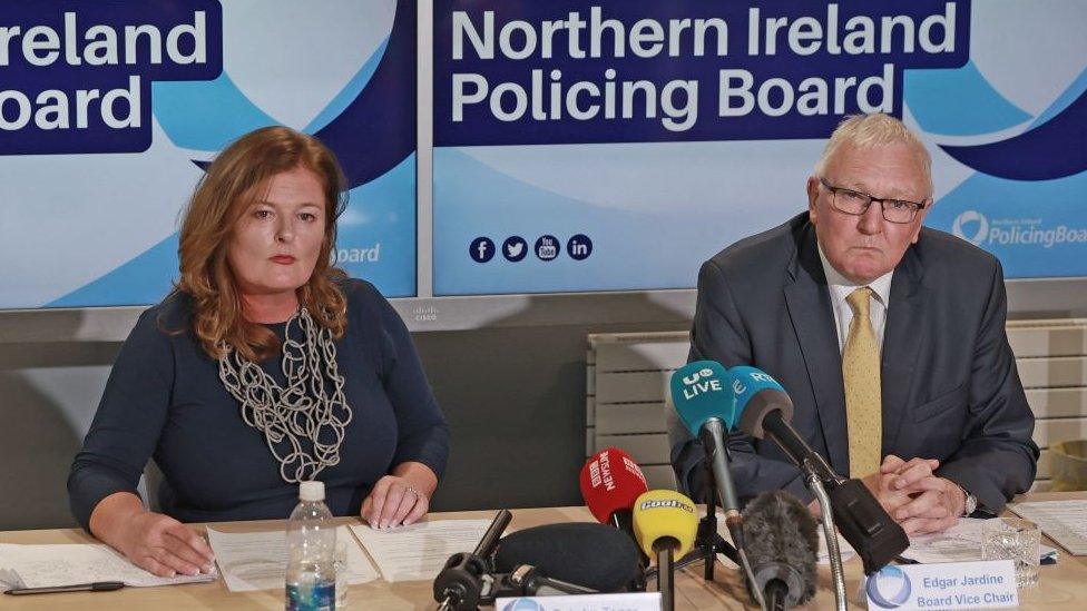 Policing Board Chair Deirdre Toner and Board Vice Chair Edgar Jardine during a press conference on Tuesday August 22, 2023.