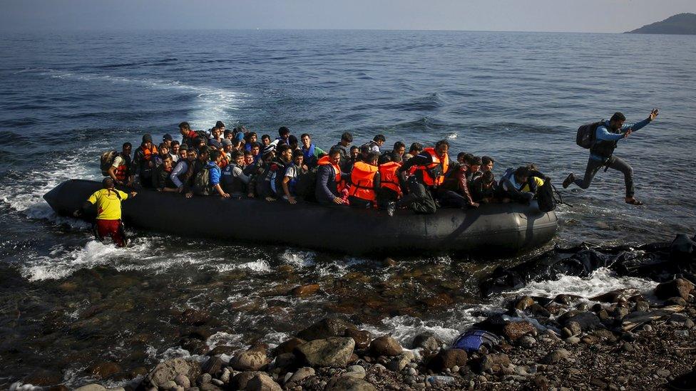 Migrants arrive on Greek island of Lesbos from Turkey. Oct 19 2015