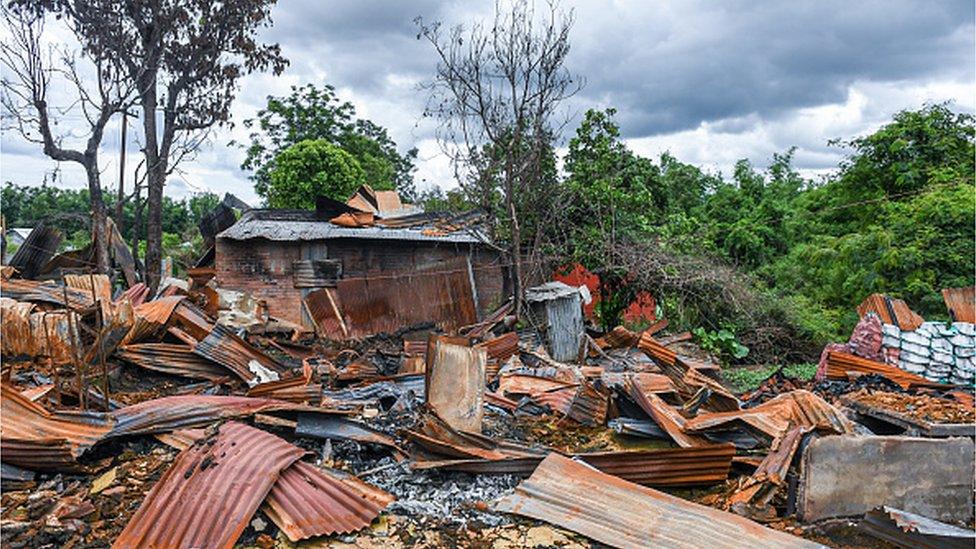 The remains of burnt houses are seen in Torbung village, located about 10 km from Churachandpur district in the northeastern Indian state of Manipur. Torboung is a Kuki-Zo dominated area and according to the villagers, all these houses were allegedly burnt down by the tribes of Meitei community on the night of May 3, 2023