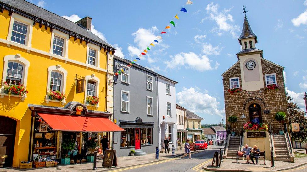 Narberth High Street looking towards the former town hall