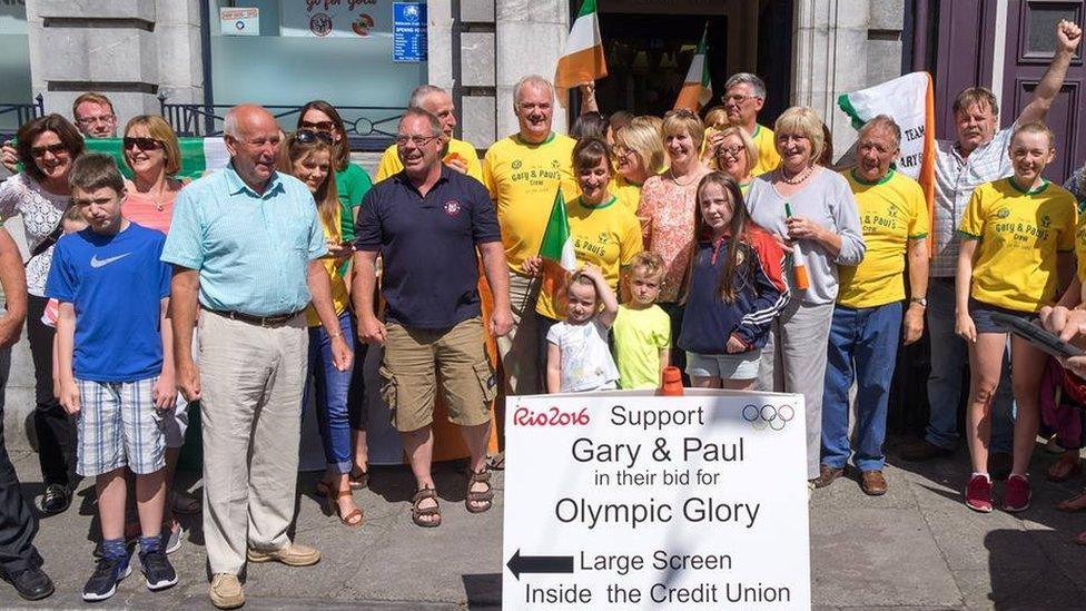 Supporters of the O'Donovan brothers outside Skibbereen Credit Union