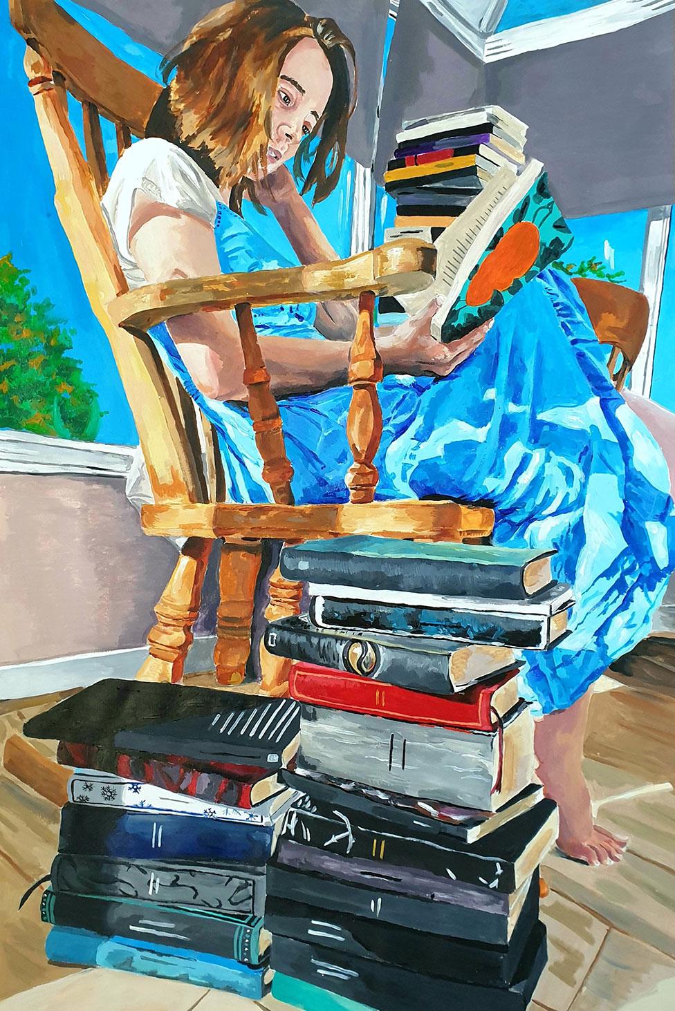 A painting of girl reading a book whilst surrounded by books