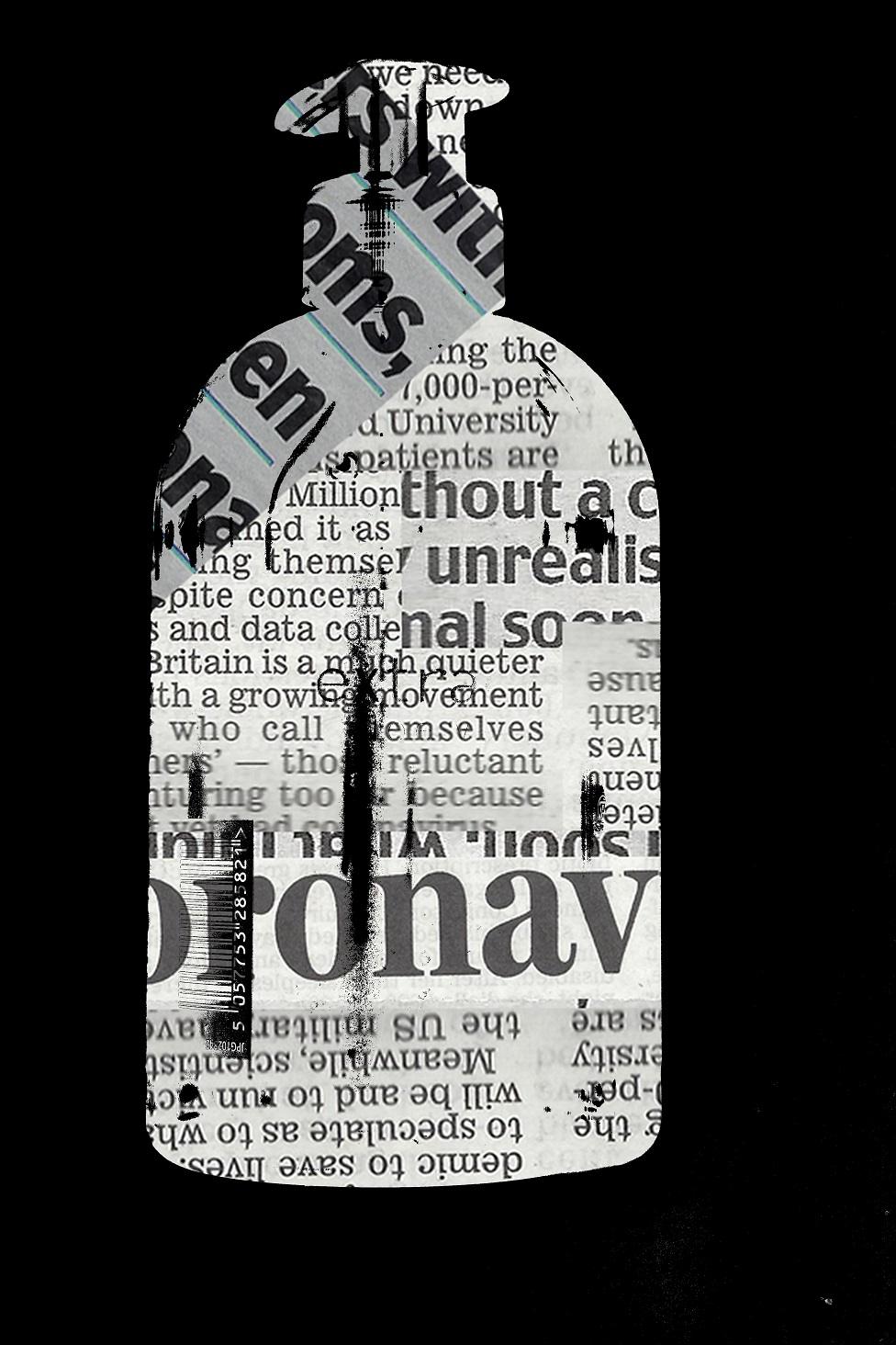 A collage newspaper cuttings in the shape of a bottle of hand soap