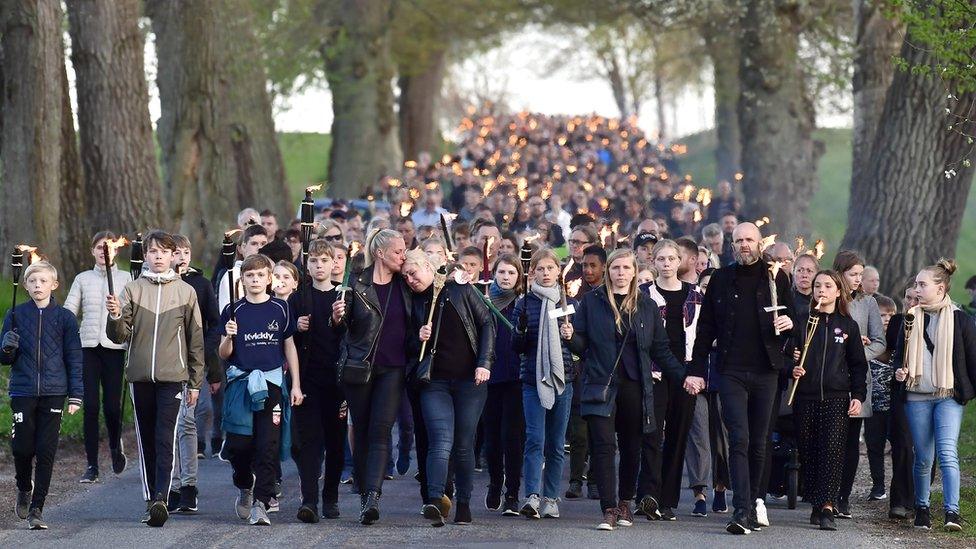 Citizens of Stavtrup near Aarhus, Denmark, gather on April 25th 2019 for a commemoration