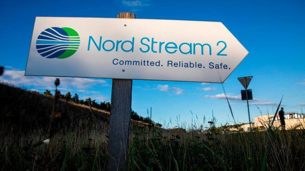 A road sign directs traffic towards the Nord Stream 2 gas line landfall facility in Germany