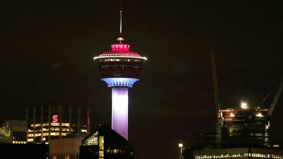 The Calgary Tower was lit up with the colors of the French flag to show support and sympathy regarding the Paris attacks in Calgary