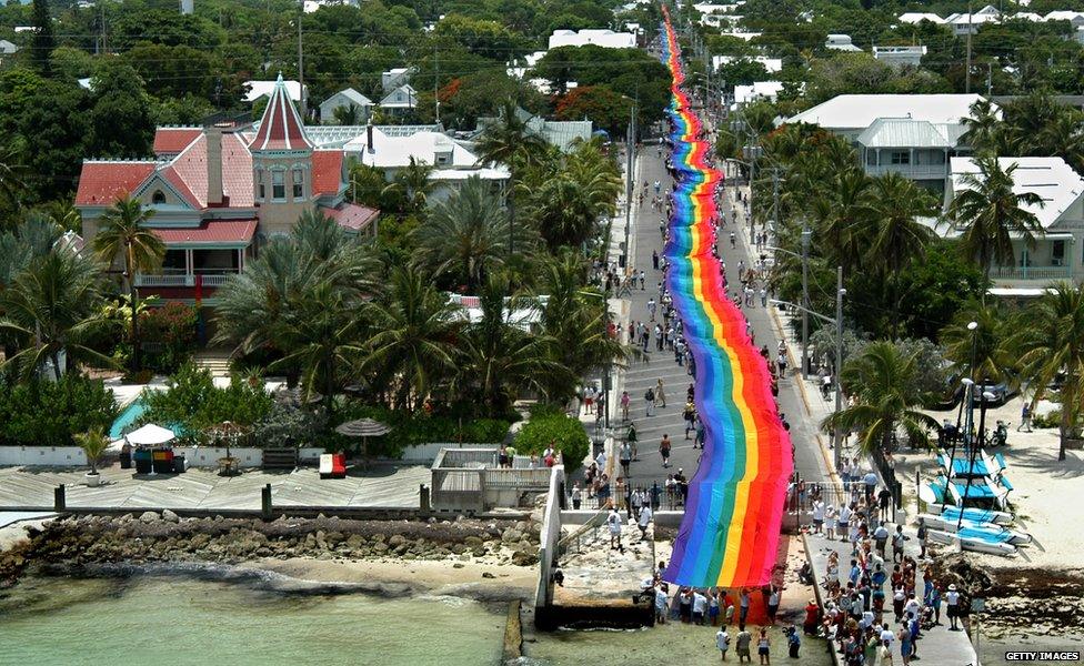 The 'World's longest Rainbow Flag' in Florida Quays, June 15, 2003. It stretched from the Gulf of Mexico to the Atlantic coast, and used more than 12,800 metres of fabric.