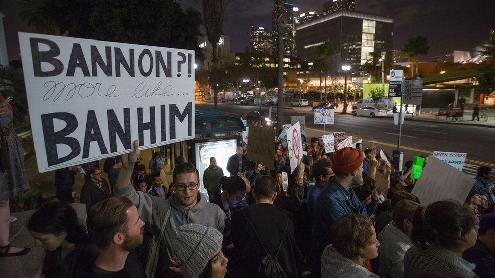 People protest the appointment of Steve Bannonin LA - 16 November 2016