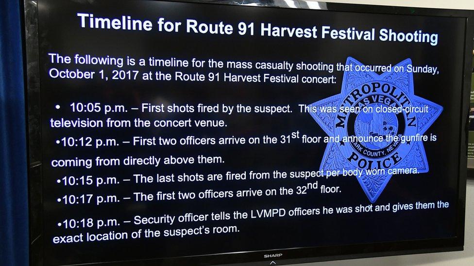 A timeline of events from Sunday"s mass shooting at the Route 91 Harvest country music festival is displayed on a television by police during a news conference at the Las Vegas Metropolitan Police Department headquarters on October 4, 2017