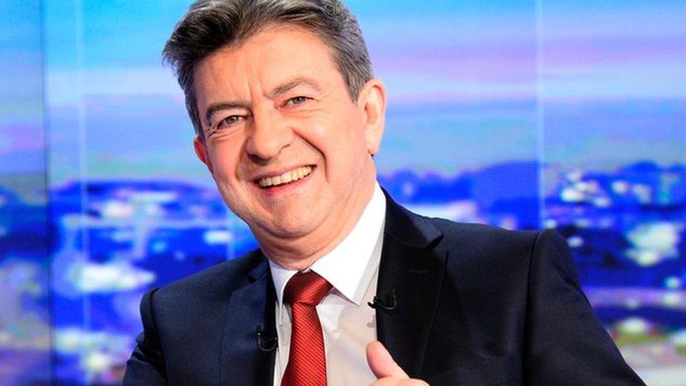 Mr Melenchon on the TV set, dressed smartly