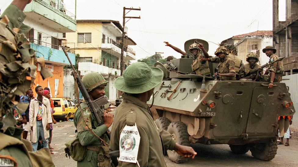 Ecomog troops pictured during their deployment in Monrovia, Liberia - April 1996