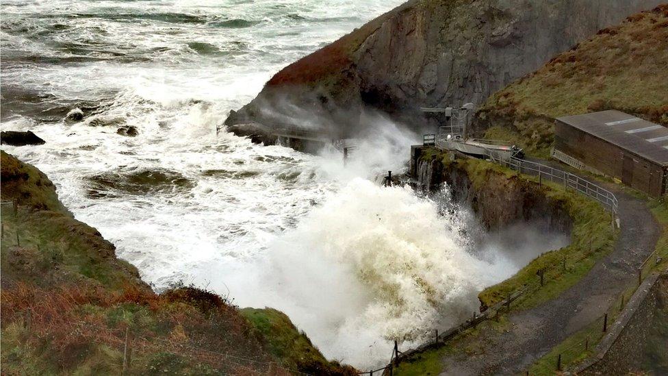 Ramsey Island is lashed by waves during Storm Ophelia