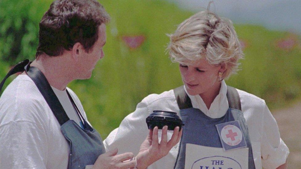 Princess Diana speaks to a mine-clearing expert in 1997