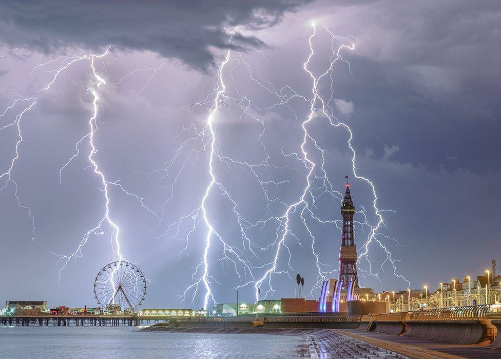 Lighting strikes over Blackpool's famous promenade