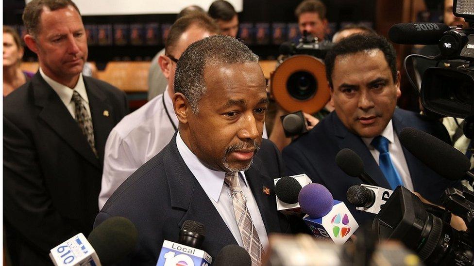 Ben Carson speaks to the media during an appearance in Miami, Florida.