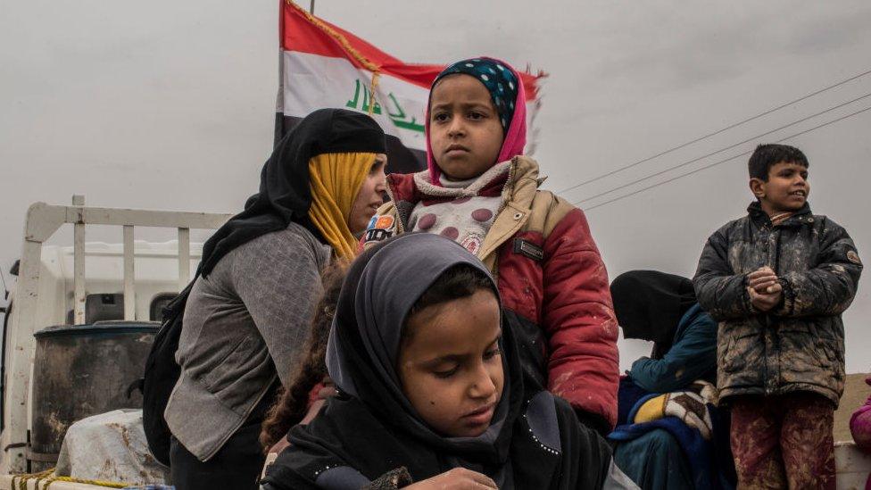 An Iraqi family who have fled fighting as Iraqi forces advance into Islamic State controlled west Mosul