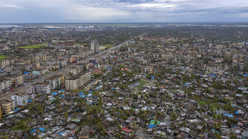 Image shows a general aerial view of a damaged neighbourhood in Beira, Sofala Province, Central Mozambique