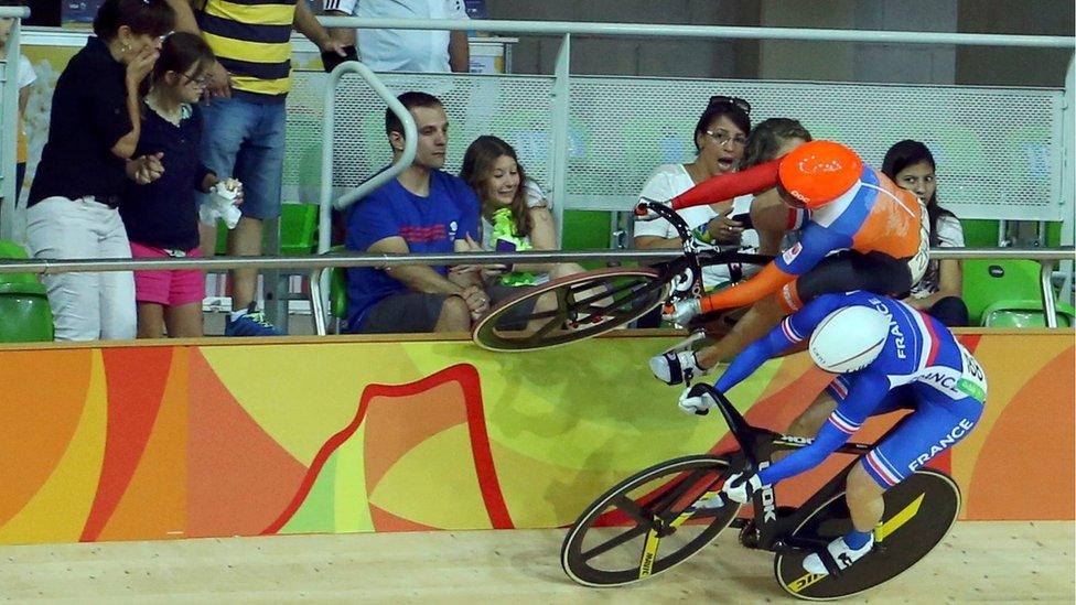 Laurine van Riessen of Netherlands and Virginie Cueff of France crash