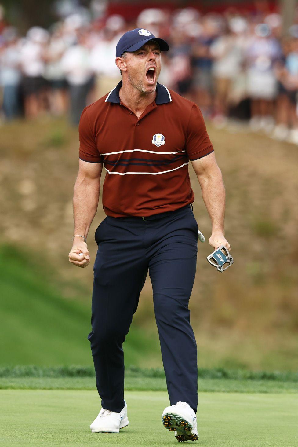 Rory McIlroy reacts on the 14th green during the Saturday afternoon four-balls matches of the 2025 Ryder Cup in New York. Photo by Jared C. Tilton
