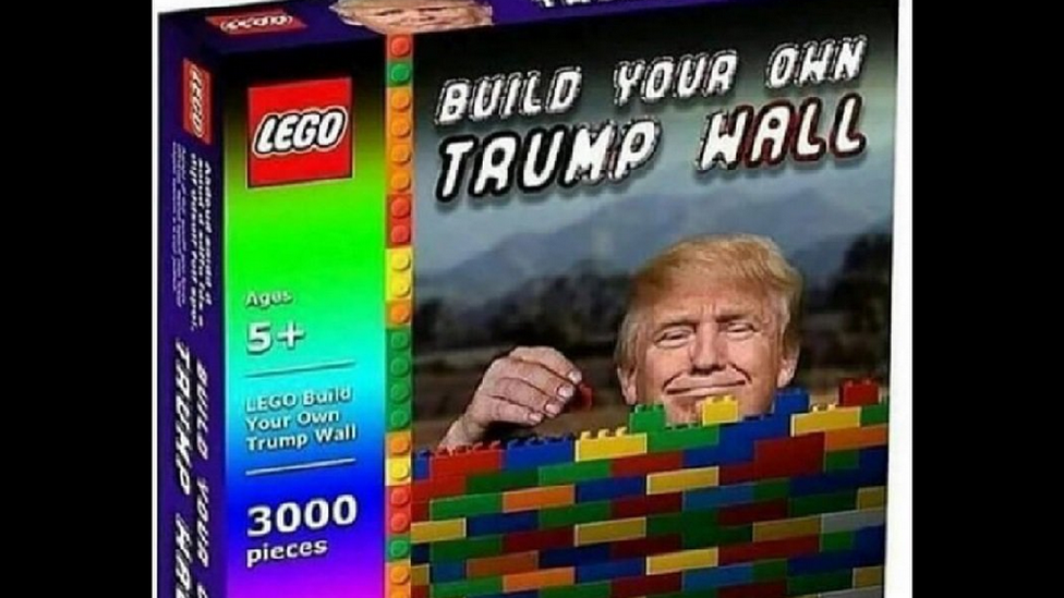 Building blocks game set with the image of Donald Trump reading: "Build your own wall".