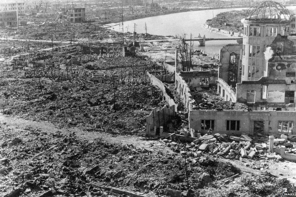 Devastation at Hiroshima, after the atomic bomb was dropped. The building on the right was preserved as the Hiroshima Peace Memorial, Atomic Bomb Dome or Genbaku Dome, 1 September 1945.