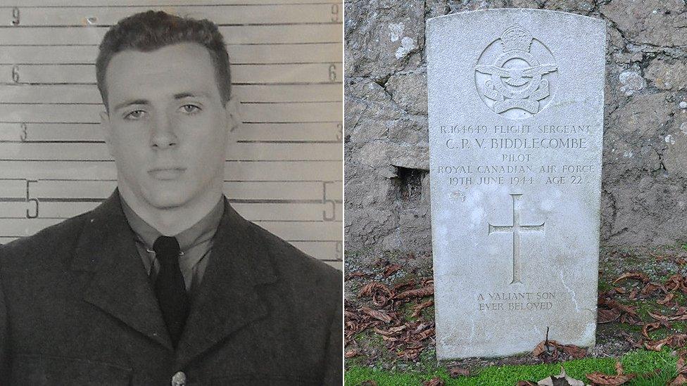 Flt Sgt Conrad Peter Vivian Biddlecombe and his grave at Fort George, Guernsey