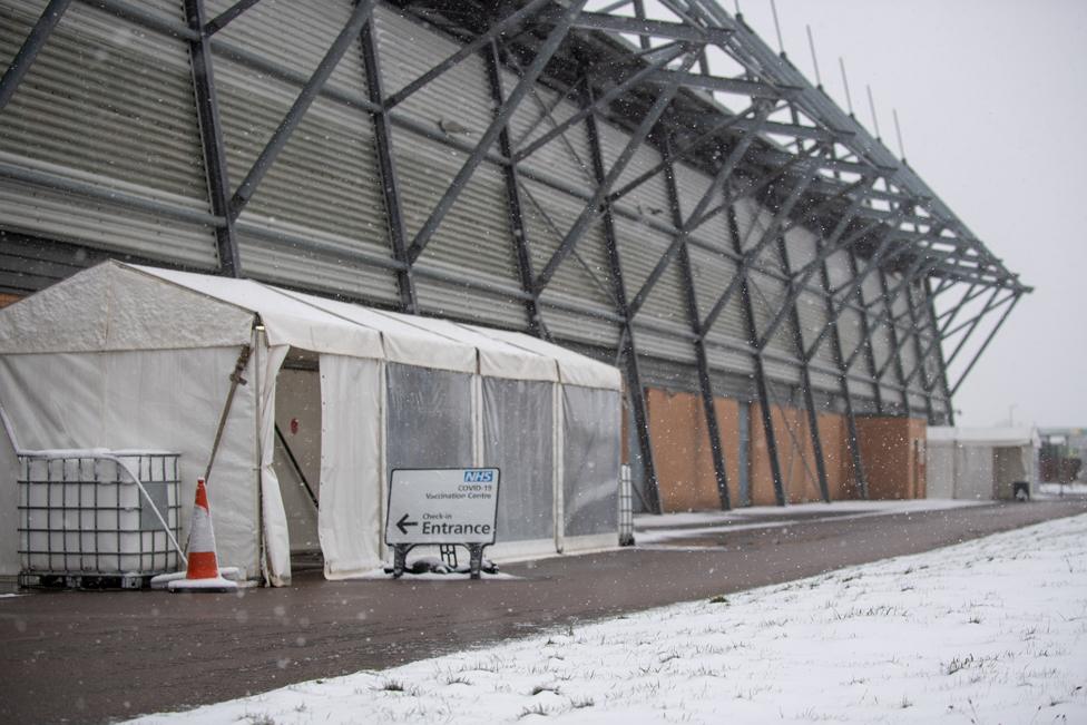 The NHS Covid-19 vaccination centre at the Jobserve Community Stadium in Colchester, on 7 February 2021