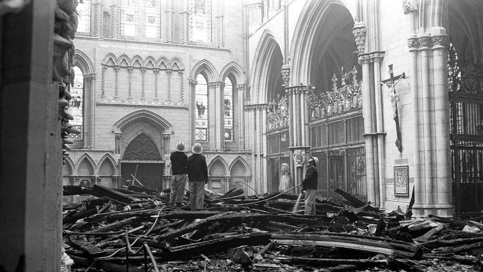 Firefighters in York Minster in 1984