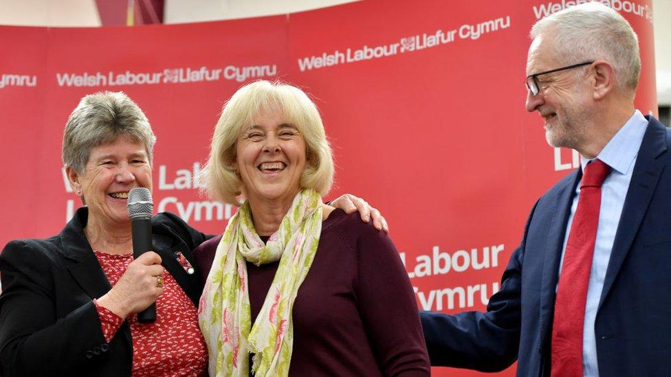 Jeremy Corbyn with Ruth Jones (centre) and Welsh Labour minister Jane Hutt