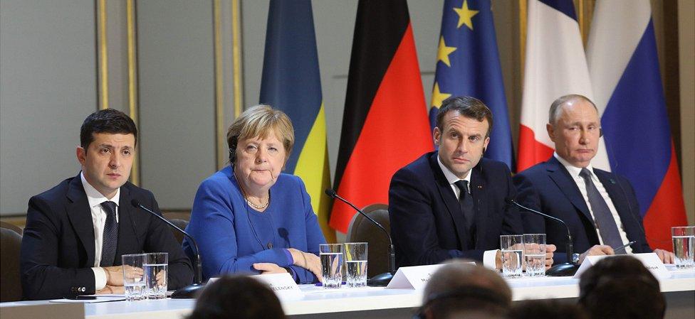 Leaders L-R: Ukraine's Volodymyr Zelensky, German Chancellor Angela Merkel, French President Emmanuel Macron, Russia's Vladimir Putin