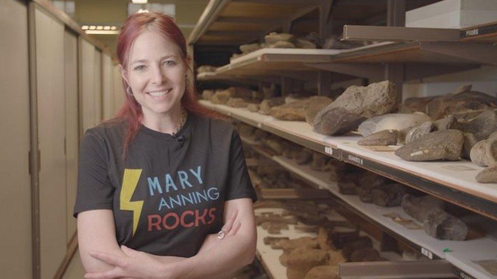 Professor Alice Roberts wearing a Mary Anning Rocks t-shirt