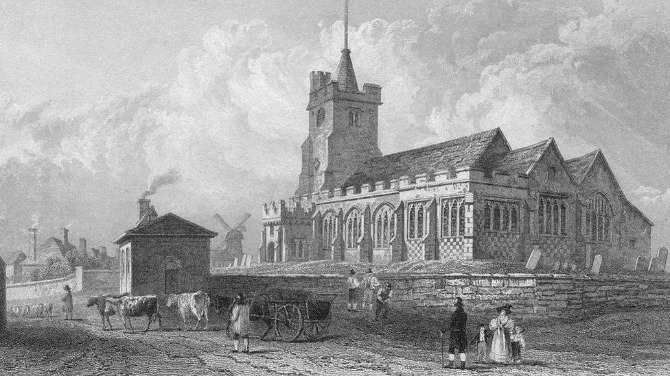 East view of Rayleigh Church, Essex, circa 1830. Engraved by J. C. Armytage after a drawing by W. Bartlett