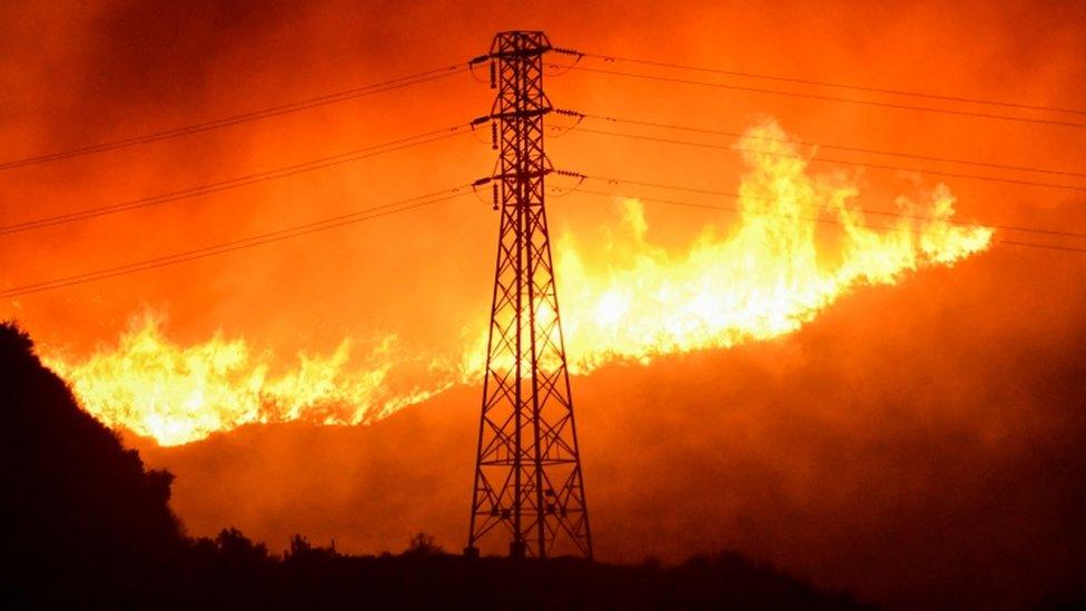 Saddleridge fire burning through hillside