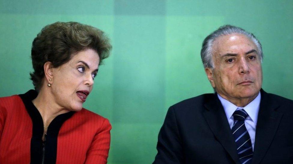 A file picture dated 02 March 2016 of Brazilian President Dilma Rousseff (L) and Brazilian Vice President Michel Temer (R) during a press conference on an agreement for the recovery of the Rio Doce river, at the Planalto Palace in Brasilia, Brazil