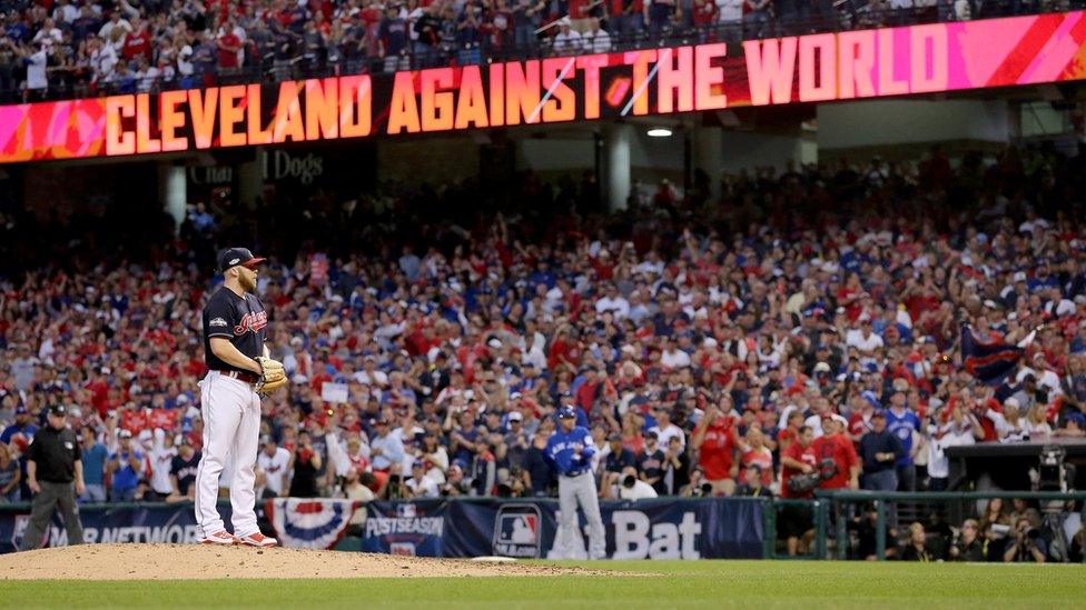 Cody Allen #37 of the Cleveland Indians looks to throw a pitch in the ninth inning against the Toronto Blue Jays during game two of the American League Championship Series