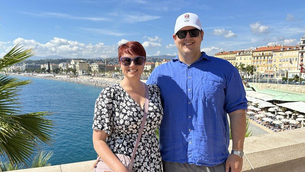 Clare and Paddy on a sea shore in the south of France