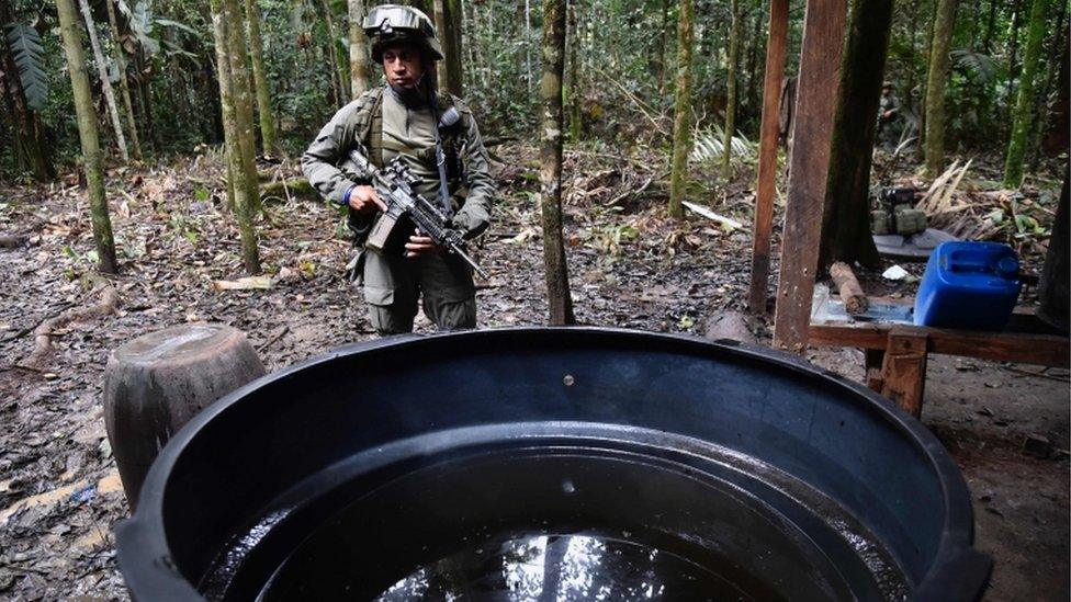 Colombian drug squad members check a cocaine processing lab before setting it on fire. Aug 2016
