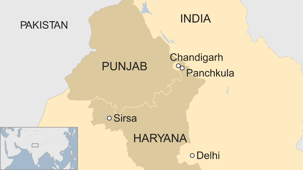 A BBC map showing the states of Haryana and Punjab, including the location of Sirsa and Panchkula